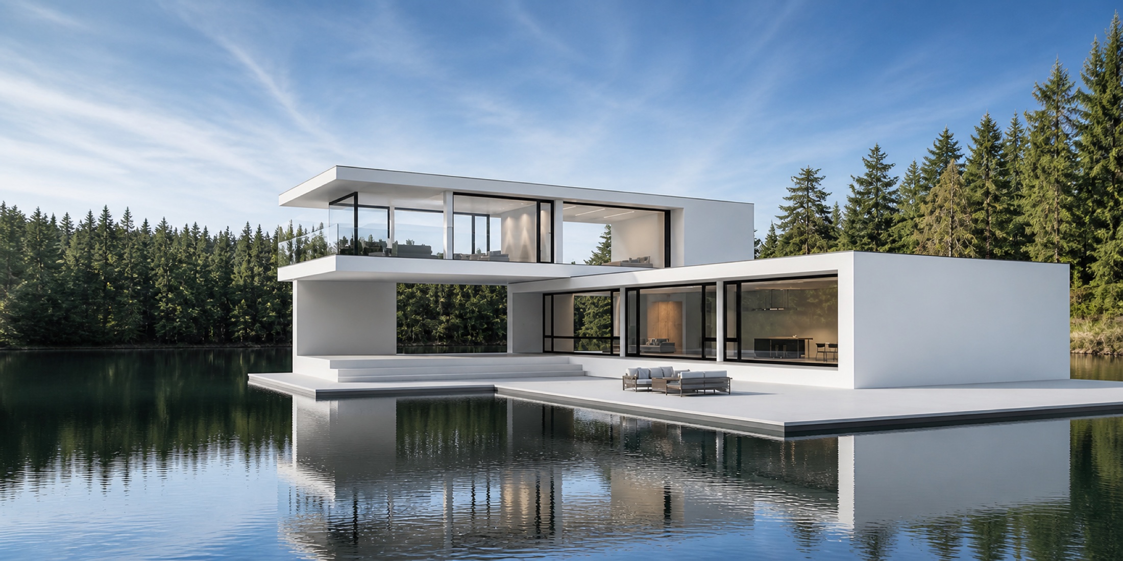 Modern waterfront villa featuring large black-framed aluminum window systems