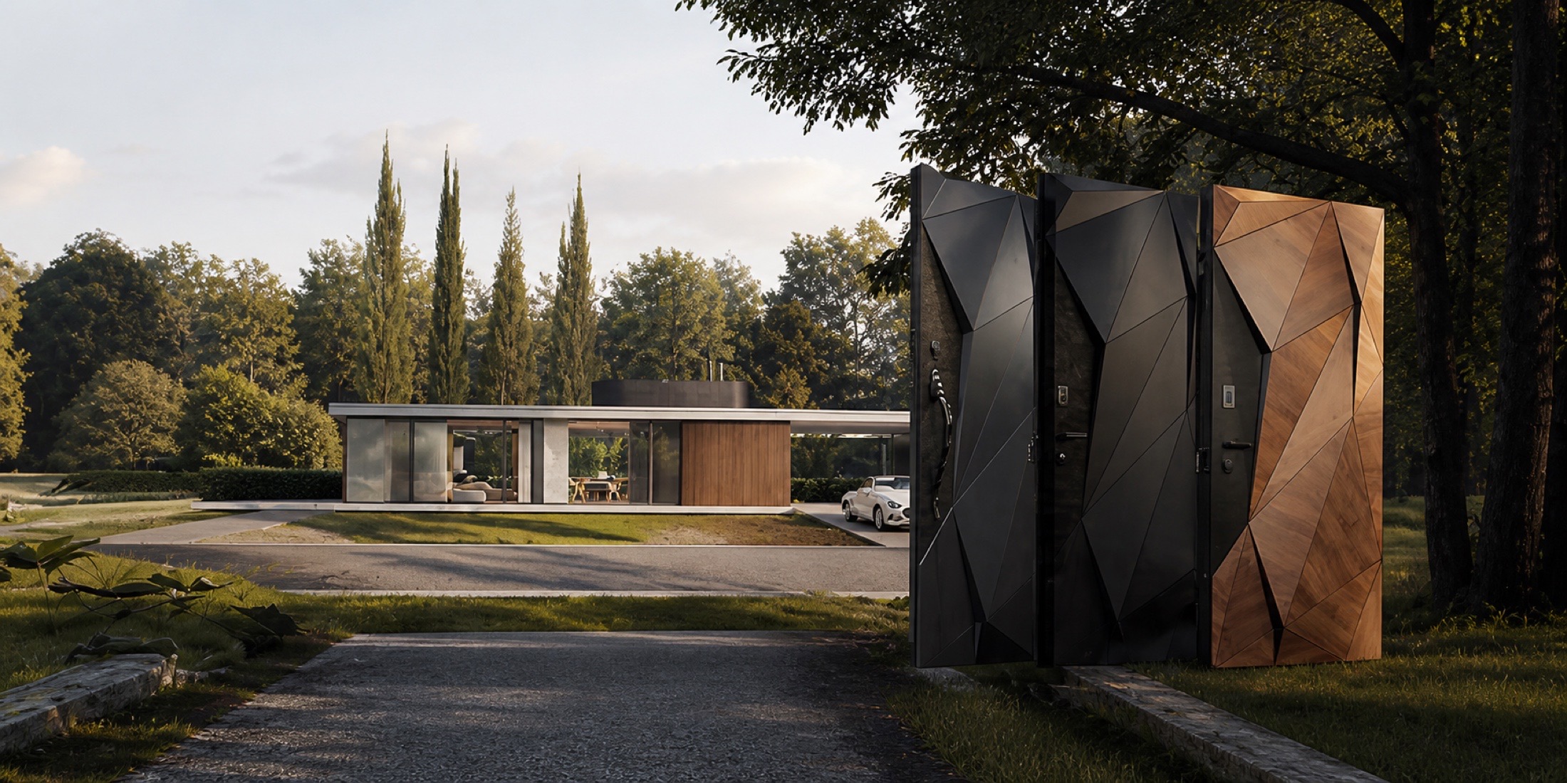 Modern residence entrance with large geometric custom exterior metal gates